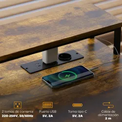 Escritorio Industrial con Luces LED y Estación de Carga con Patas Ajustables y Soporte en X 130x110x91 cm Madera... - Ogal.Es