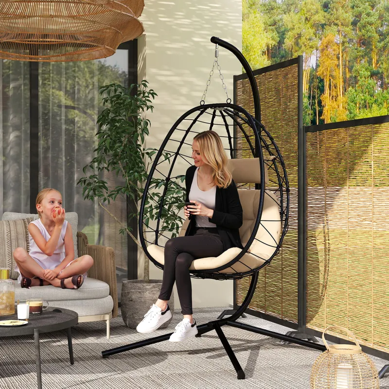 Silla Colgante Huevo con Soporte con Cesta Plegable Cojín y Reposacabezas para Interior y Exterior Carga 120 kg ... - Ogal.Es