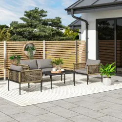 Conjunto de Muebles de Jardín 4 Piezas con Sofá Sillones Mesa de Centro y Cojines Natural y Gris - Ogal.Es