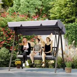 Columpio de Jardín de 3 Plazas con Toldo Ajustable Cojín y Estructura de Acero Carga 360 kg 205x133x181 cm Gris - Ogal.Es