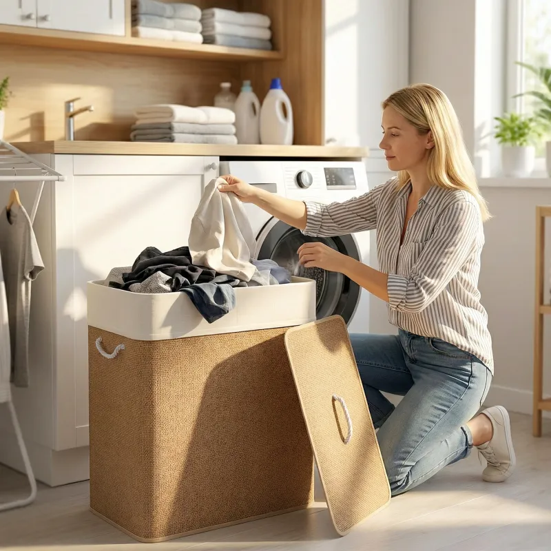 Cesto de Ropa Sucia de Bambú con 2 Compartimentos Asas para Facilitar el Uso y Bolsas Desmontables Lavables 52x3... - Ogal.Es