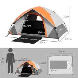 Tienda de Campaña Plegable para 2 Personas con Ventana y Bolsa Impermeable 3000 mm 210x150x110 cm Gris y Naranja - Ogal.Es
