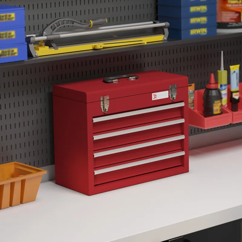 Caja de Herramientas de Acero con 4 Cajones Bandeja Tapa Abatible y Cierres Metálicos 51x22x39,5 cm Rojo - Ogal.Es
