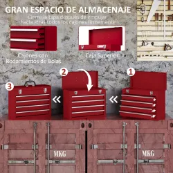Caja de Herramientas de Acero con 4 Cajones Bandeja Tapa Abatible y Cierres Metálicos 51x22x39,5 cm Rojo - Ogal.Es