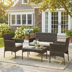 Conjunto de Muebles de Jardín de Ratán Sintético con Sofá Sillones y Mesa de Centro con Vidrio Templado y Cojine... - Ogal.Es