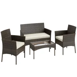 Conjunto de Muebles de Jardín de Ratán Sintético con Sofá Sillones y Mesa de Centro con Vidrio Templado y Cojine... - Ogal.Es