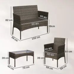 Conjunto de Muebles de Jardín de Ratán Sintético con Sofá Sillones y Mesa de Centro con Vidrio Templado y Cojine... - Ogal.Es