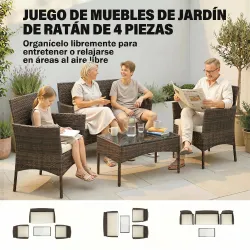 Conjunto de Muebles de Jardín de Ratán Sintético con Sofá Sillones y Mesa de Centro con Vidrio Templado y Cojine... - Ogal.Es