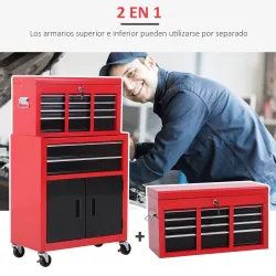 Carro de Herramientas con Baúl Superior 6 Cajones Armario Cerradura 4 Ganchos para Garaje Hogar Rojo - Ogal.Es