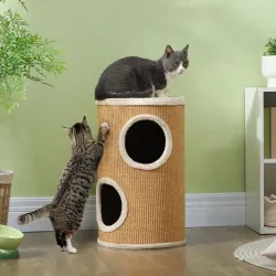 Barril Rascador para Gatos de 2 Niveles Torre Rascador para Gatos con 2 Cuevas y Cubierta de Sisal Ø35x60 cm Marrón - Ogal.Es
