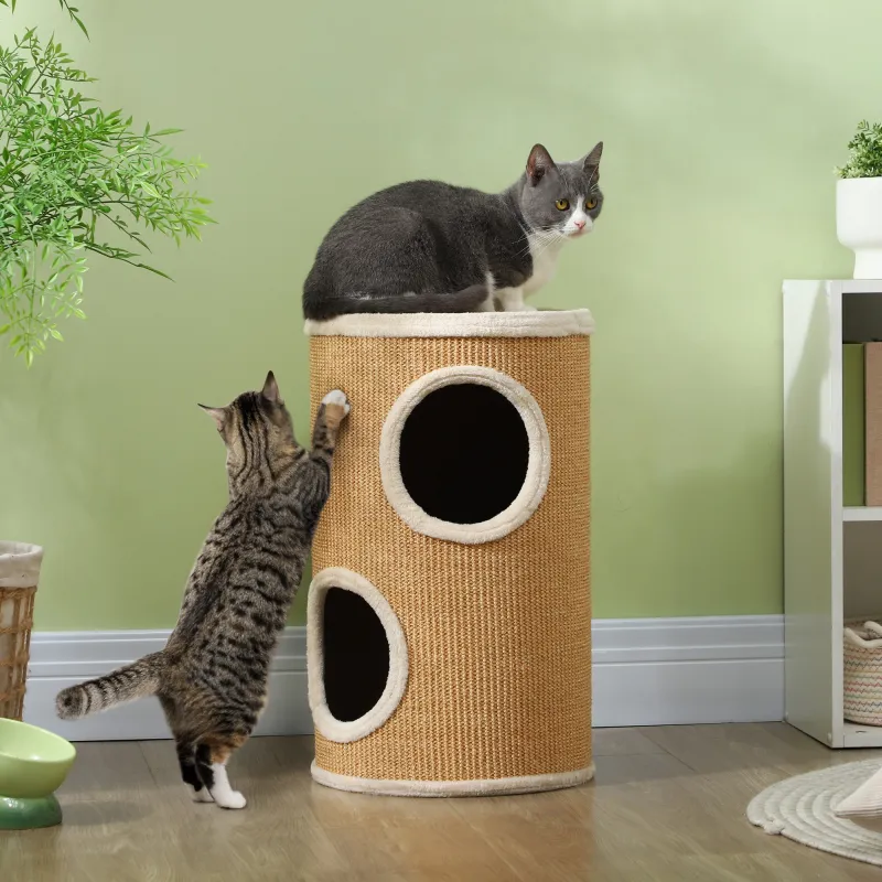 Barril Rascador para Gatos de 2 Niveles Torre Rascador para Gatos con 2 Cuevas y Cubierta de Sisal Ø35x60 cm Marrón - Ogal.Es