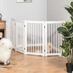 Barrera de Seguridad para Perros Plegable de Madera para Escaleras y Puertas con Soporte de Pie 204x36x75 cm Blanco - Ogal.Es