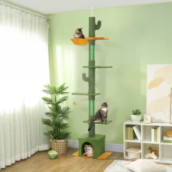Árbol para Gatos de Suelo a Techo de 230-275 cm con Altura Ajustable Plataformas Cueva Hamaca Postes Bolas Verde - Ogal.Es