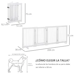 Barrera de Seguridad para Perros Plegable de Madera para Escaleras y Puertas con Soporte de Pie 204x36x75 cm Blanco - Ogal.Es