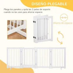 Barrera de Seguridad para Perros Plegable de Madera para Escaleras y Puertas con Soporte de Pie 204x36x75 cm Blanco - Ogal.Es