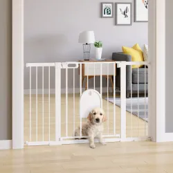 Barrera de Seguridad para Perros con Puerta Pequeña para Escaleras y Puertas 75-131 cm con 3 Extensiones Blanco - Ogal.Es