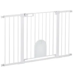 Barrera de Seguridad para Perros con Puerta Pequeña para Escaleras y Puertas 75-131 cm con 3 Extensiones Blanco - Ogal.Es