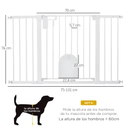 Barrera de Seguridad para Perros con Puerta Pequeña para Escaleras y Puertas 75-131 cm con 3 Extensiones Blanco - Ogal.Es