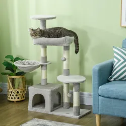 Rascador para Gatos Altura 104 cm Árbol para Gatos con Postes de Sisal Cueva Plataformas y Bolas Colgantes Gris ... - Ogal.Es