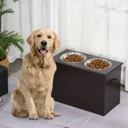 Comedero Elevado para Perros Grandes con 2 Cuencos de 2000ml y Almacenamiento Oculto 60x30x41 cm Marrón Oscuro - Ogal.Es