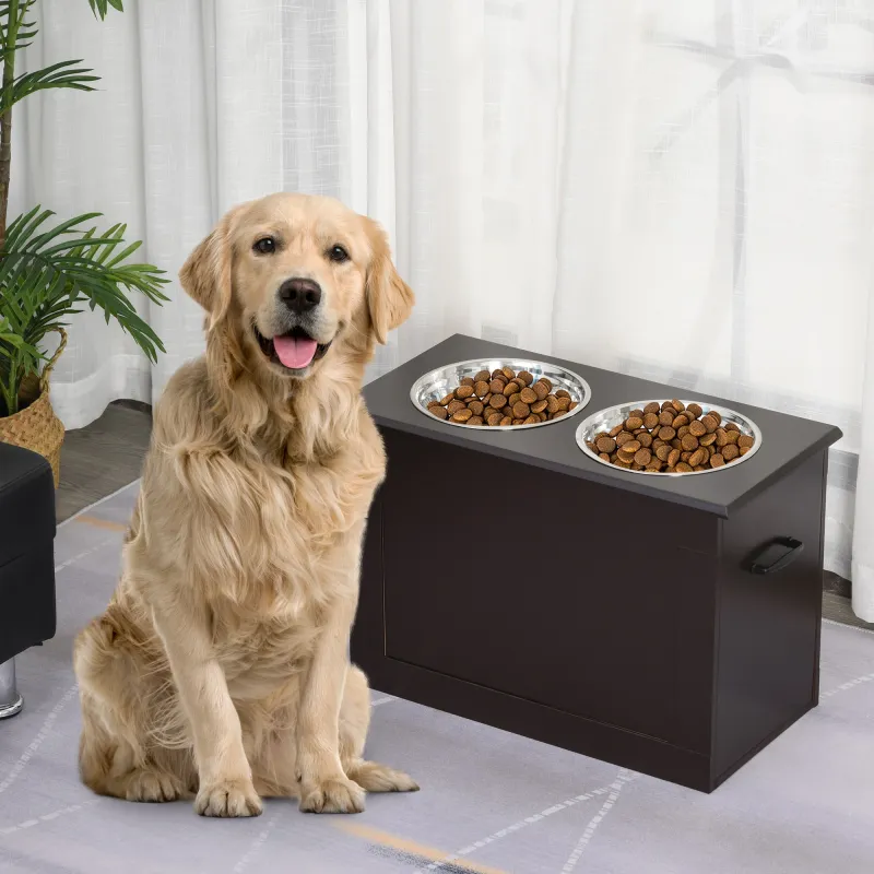 Comedero Elevado para Perros Grandes con 2 Cuencos de 2000ml y Almacenamiento Oculto 60x30x41 cm Marrón Oscuro - Ogal.Es