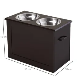 Comedero Elevado para Perros Grandes con 2 Cuencos de 2000ml y Almacenamiento Oculto 60x30x41 cm Marrón Oscuro - Ogal.Es