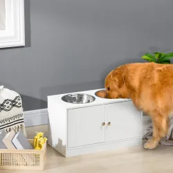 Comedero Elevado para Perros Grandes con 2 Cuencos de 2000ml y Almacenamiento Oculto 60x30x35,5 cm Blanco - Ogal.Es