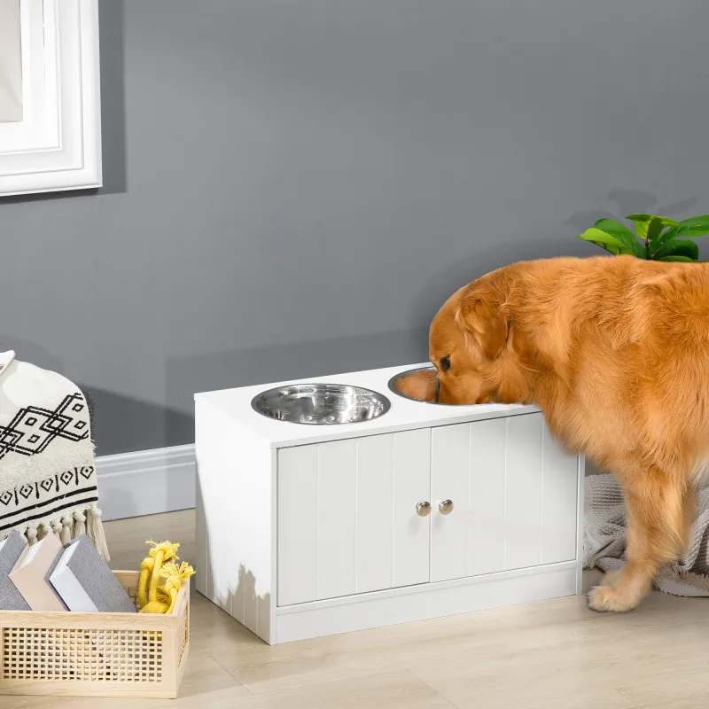 Comedero Elevado para Perros Grandes con 2 Cuencos de 2000ml y Almacenamiento Oculto 60x30x35,5 cm Blanco - Ogal.Es