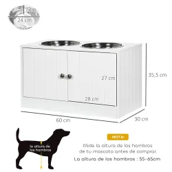 Comedero Elevado para Perros Grandes con 2 Cuencos de 2000ml y Almacenamiento Oculto 60x30x35,5 cm Blanco - Ogal.Es