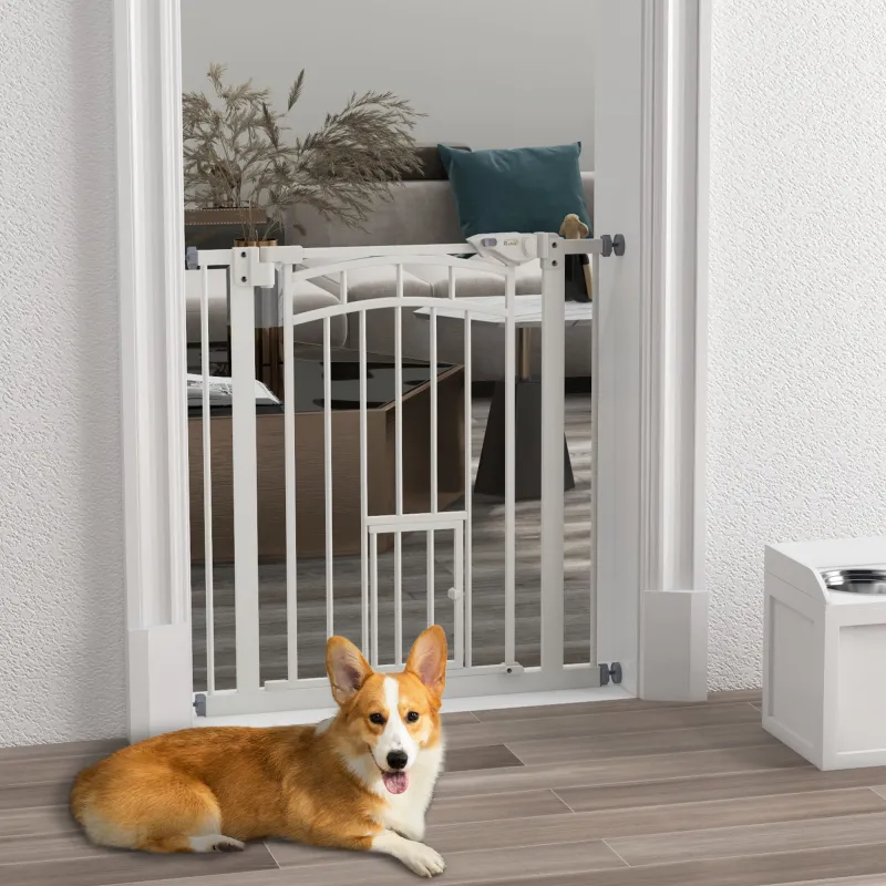 Barrera de Seguridad para Perros 74-80 cm con Montaje a Presión Doble Bloqueo Extensión para Puerta Escalera Blanco - Ogal.Es