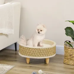 Cama para Perros Miniaturas con Cojín Lavable Cuerda de Seagrass y Marco de Madera Ø48x24,5 cm Beige - Ogal.Es