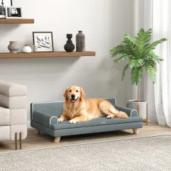 Sofá para Perros Grandes y Medianos Tapizada en Chenilla con Cojín Lavable y Patas de Madera de Pino Gris Oscuro - Ogal.Es