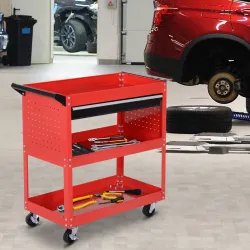 Carro de Taller Carro de Herramientas con 3 Bandejas y Cajón Ruedas con Frenos Asa Lateral Panel Lateral Perfora... - Ogal.Es