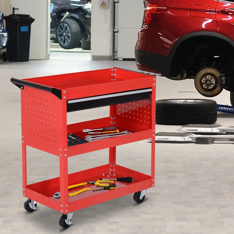 Carro de Taller Carro de Herramientas con 3 Bandejas y Cajón Ruedas con Frenos Asa Lateral Panel Lateral Perfora... - Ogal.Es