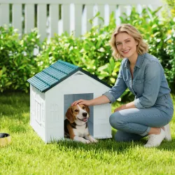 Casa para Perros con Imitación de Ventana y Tejas para Perros Medianos 65x75,7x63 cm Azul Verdoso y Blanco - Ogal.Es