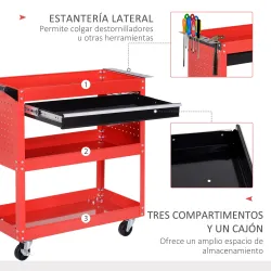 Carro de Taller Carro de Herramientas con 3 Bandejas y Cajón Ruedas con Frenos Asa Lateral Panel Lateral Perfora... - Ogal.Es