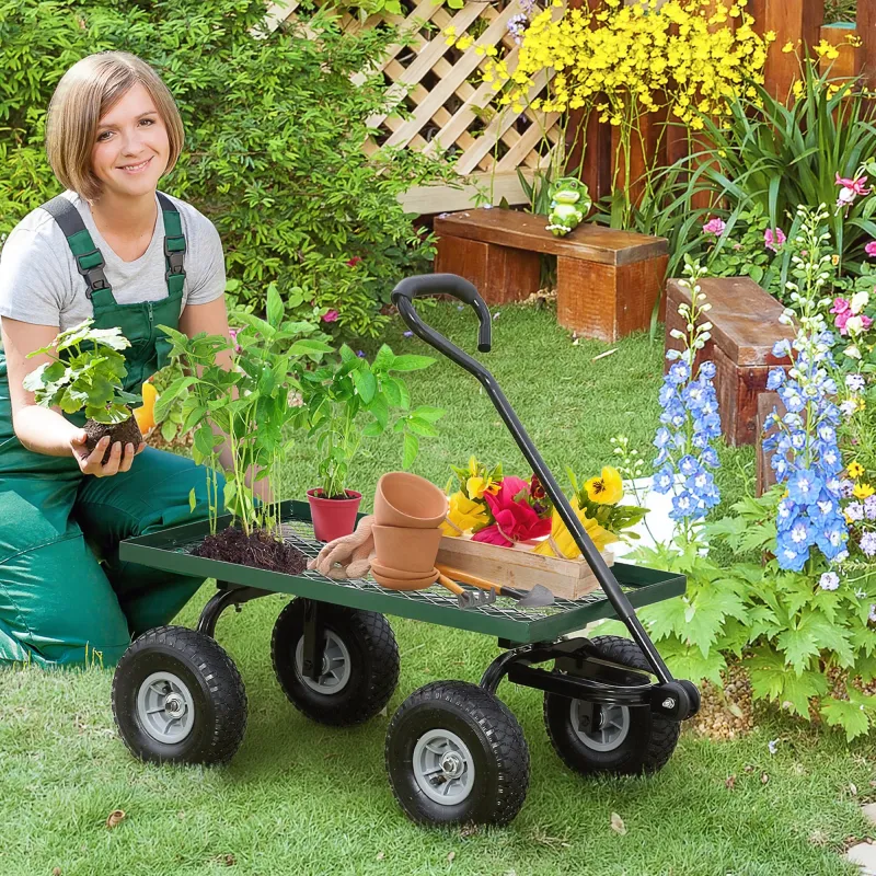 Carrito de Jardín con Manija Acolchada y 4 Ruedas Grandes Estructura de Acero Carga 150 kg 94x48,5x100 cm Verde ... - Ogal.Es