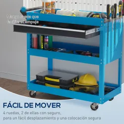 Carro de Taller Carro de Herramientas con 3 Bandejas y Cajón Ruedas con Frenos Asa Lateral Panel Lateral Perfora... - Ogal.Es