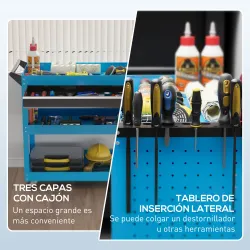 Carro de Taller Carro de Herramientas con 3 Bandejas y Cajón Ruedas con Frenos Asa Lateral Panel Lateral Perfora... - Ogal.Es