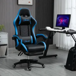Silla Gaming Silla Gamer de Cuero PU Reclinable 135° Reposacabezas y Reposapiés 65x65x121-129 cm Negro y Azul - Ogal.Es