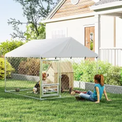 Perrera de Acero Galvanizado con Toldo Resistente y Estación de Alimentación para Perros 200x200x154 cm Plata - Ogal.Es