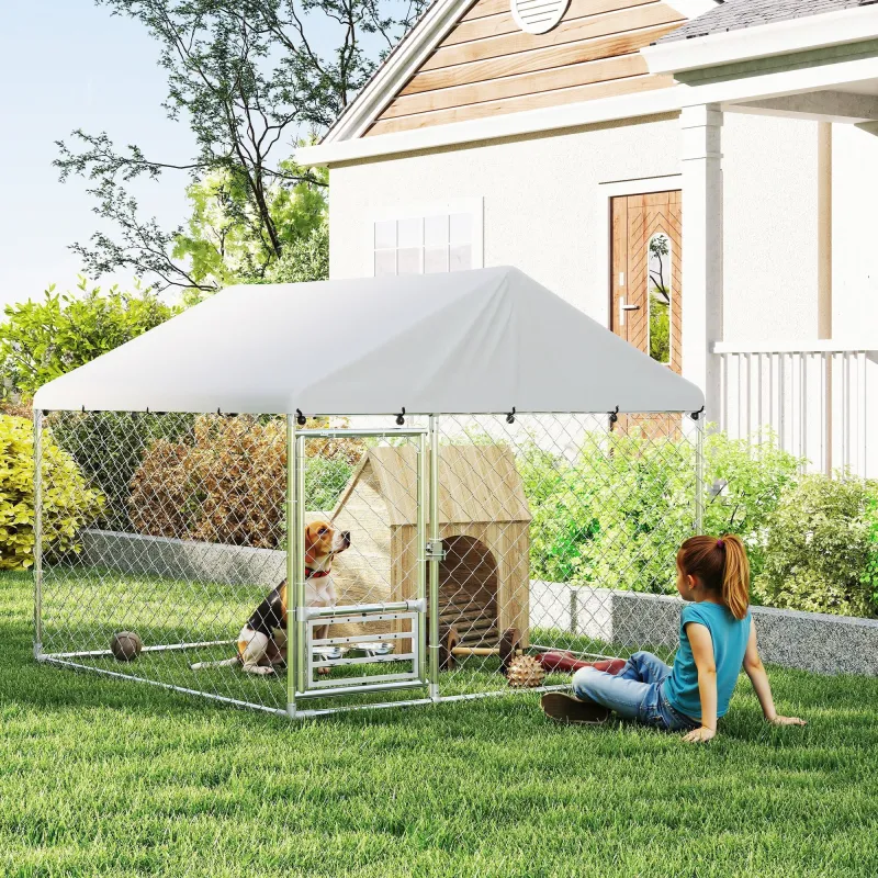 Perrera de Acero Galvanizado con Toldo Resistente y Estación de Alimentación para Perros 200x200x154 cm Plata - Ogal.Es