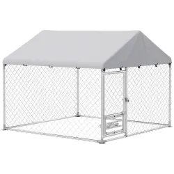 Perrera de Acero Galvanizado con Toldo Resistente y Estación de Alimentación para Perros 200x200x154 cm Plata - Ogal.Es