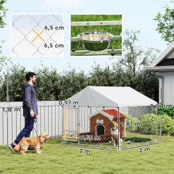 Perrera de Acero Galvanizado con Toldo Resistente y Estación de Alimentación para Perros 200x200x154 cm Plata - Ogal.Es