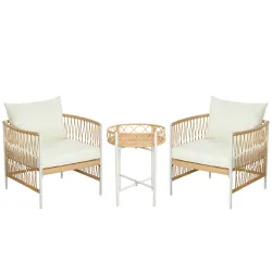 Conjunto Jardín Exterior de 2 Sillas y Mesa de Ratán con Cojines Acolchados para Balcón Terraza Amarillo y Crema - Ogal.Es