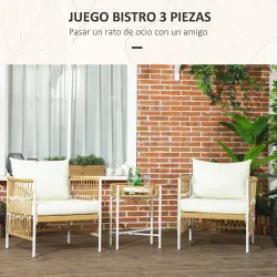 Conjunto Jardín Exterior de 2 Sillas y Mesa de Ratán con Cojines Acolchados para Balcón Terraza Amarillo y Crema - Ogal.Es