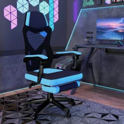 Silla Gaming con Reposapiés Altura Regulable y Respaldo Reclinable 135° 58x63x112-122 cm Azul y Negro - Ogal.Es