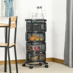 Carrito Auxiliar con Ruedas de 5 Niveles con 4 Cestas de Almacenamiento Giratorias 270° y Bandeja 33x33x77 cm Negro - Ogal.Es