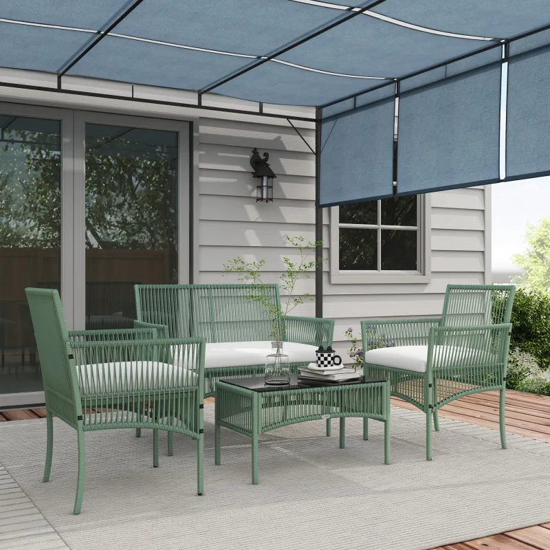 Conjunto de Jardín Exterior de Ratán Sintético con 2 Sillones 1 Sofá de 2 Plazas 1 Mesa de Centro y Cojines Verde - Ogal.Es