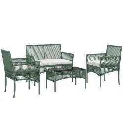 Conjunto de Jardín Exterior de Ratán Sintético con 2 Sillones 1 Sofá de 2 Plazas 1 Mesa de Centro y Cojines Verde - Ogal.Es